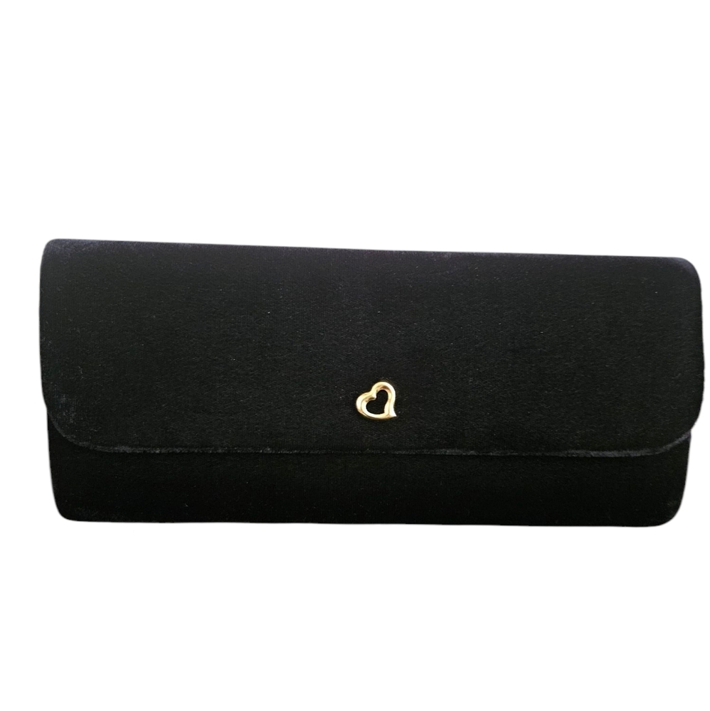 Victoria's Secret Y2K Vintage Style Black Velvet Clutch with Gold Heart Accent